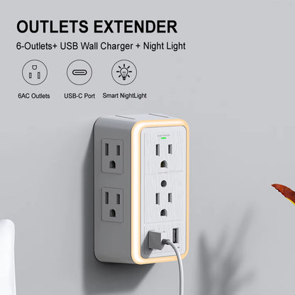 USB Wall Charger Surge Protector 6 Outlet Extender with 3 USB Charging Ports (1 USB C Outlet)And Night Light for Home, Office