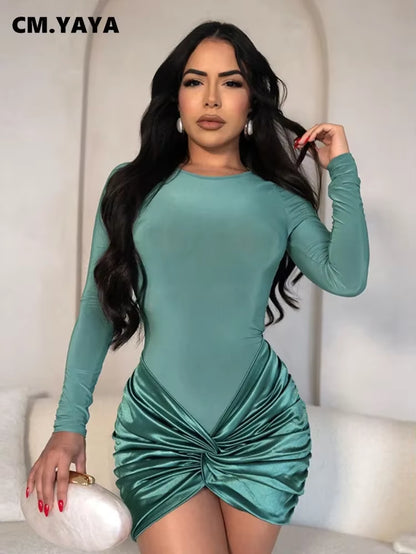 Women Full Sleeve O-Neck Ruched Bodycon Mini Dress 2024 Fall Sexy Night Club Street Party Evening Dresses Vestidos